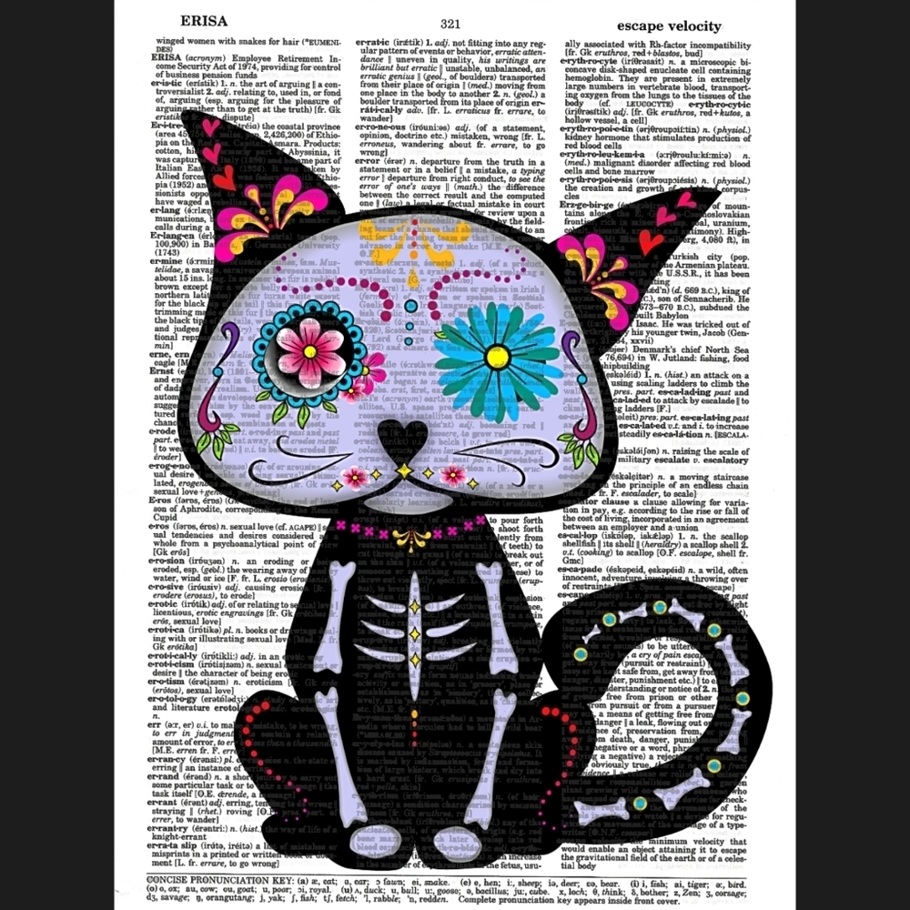 Purple Sugar Skull Kitty Dictionary Art Print